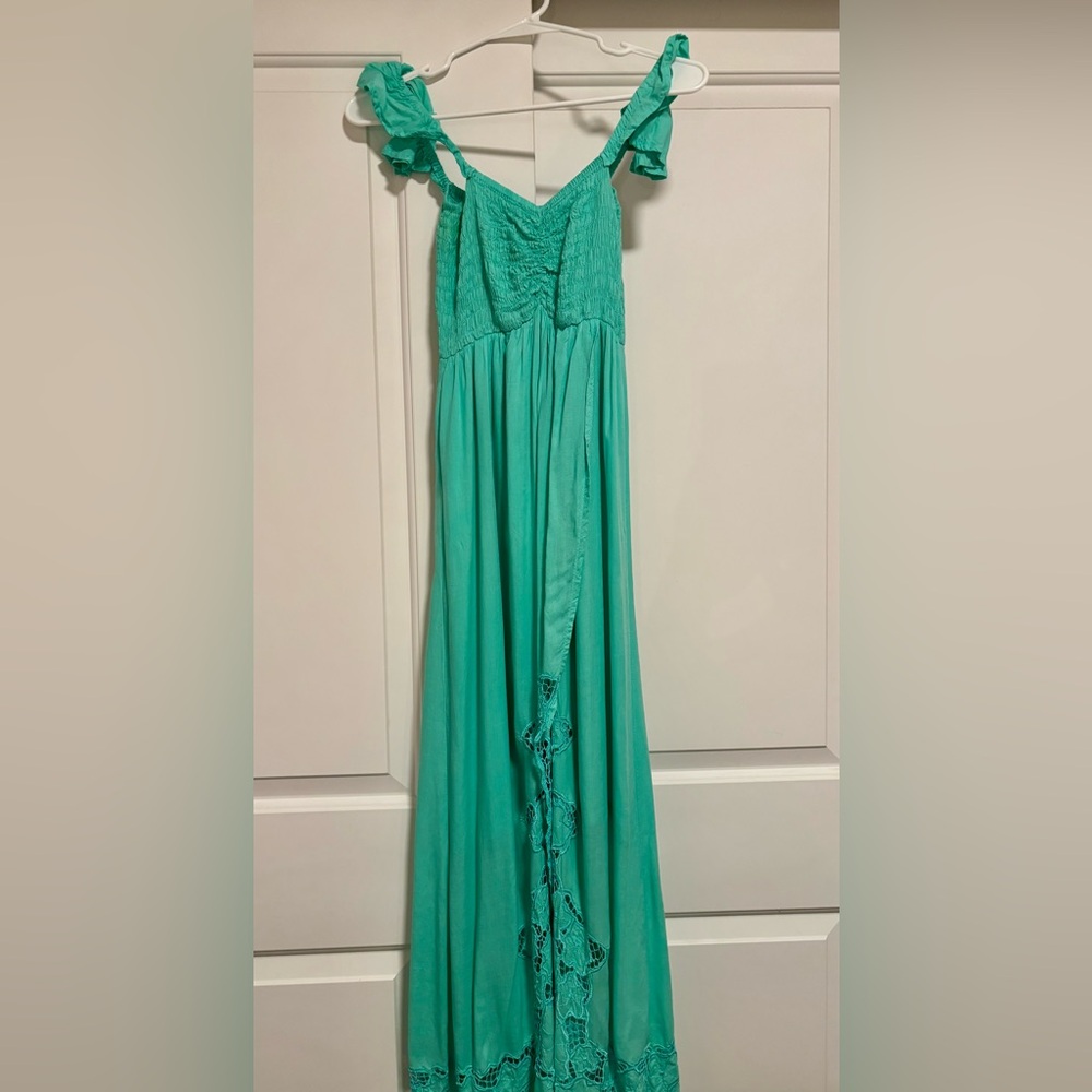 Tiare Hawaii lace/slit teal-green Lace Maxi Dress: womens XS